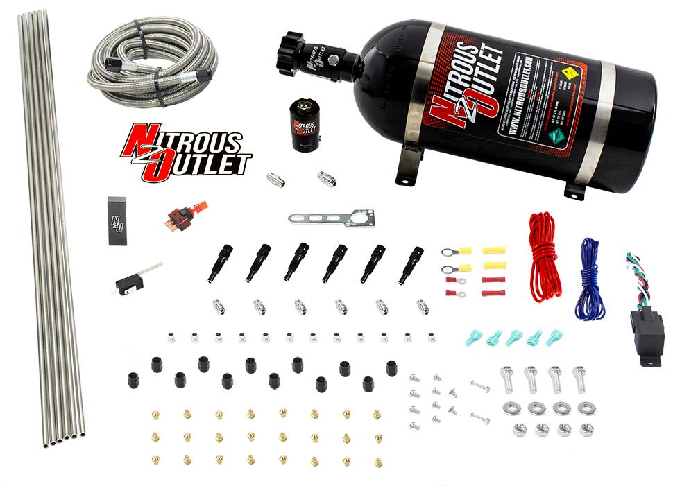 Nitrous Outlet Dry 6 Cylinder Direct Port System - .122 Nitrous Solenoid/Distribution Block/SBT Nozzles (75-375HP)(10lb Bottle)