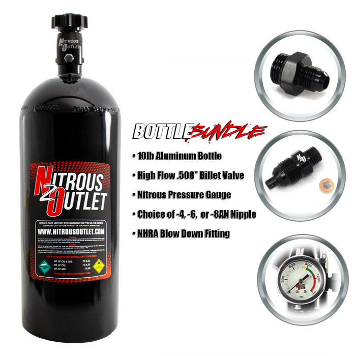 Nitrous Outlet 10lb Bottle Bundle - .508 ID Billet Valve/8AN Nipple/NHRA Blow Off/Pressure Gauge
