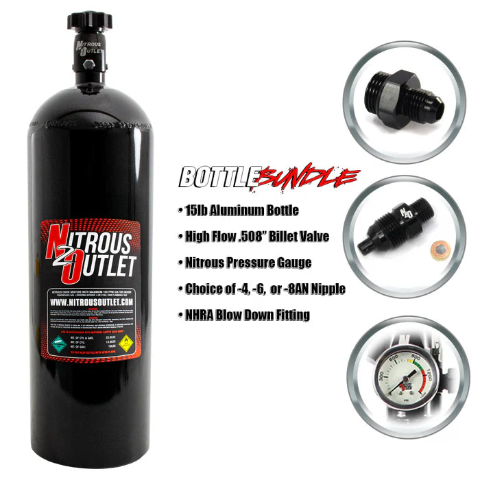 Nitrous Outlet 15lb Bottle Bundle - .508 ID Billet Valve/8AN Nipple/NHRA Blow Off/Pressure Gauge