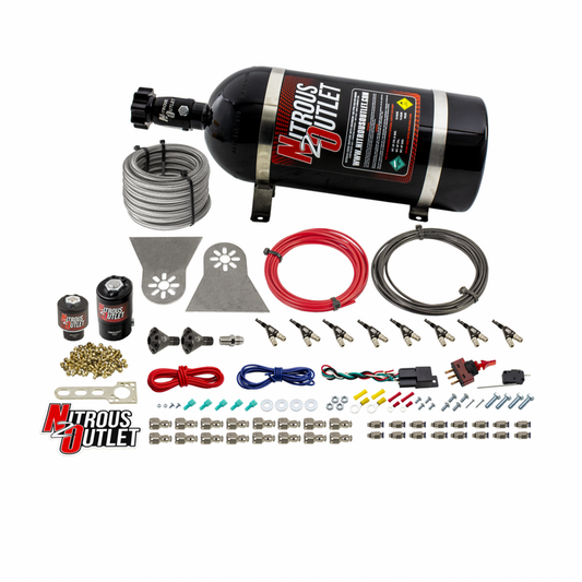 Nitrous Outlet 8 Cylinder Direct Port System - .122 Nitrous Solenoids/.177 Fuel Solenoids/Nylon Hose/Showerhead Distribution Blocks/90 Degree Discharge Nozzles (Gas)(45-55 psi)(100-500HP)(10lb Bottle)